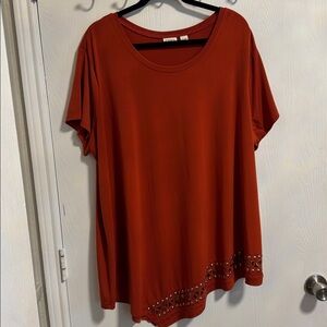 Cato Women 22/24 Short Sleeve Asymmetrical Gold Embellished Stretch Burnt Orange